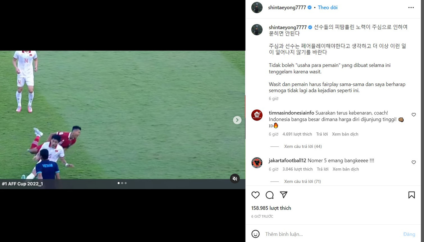 Bài đăng của ông Shin Tae-yong.