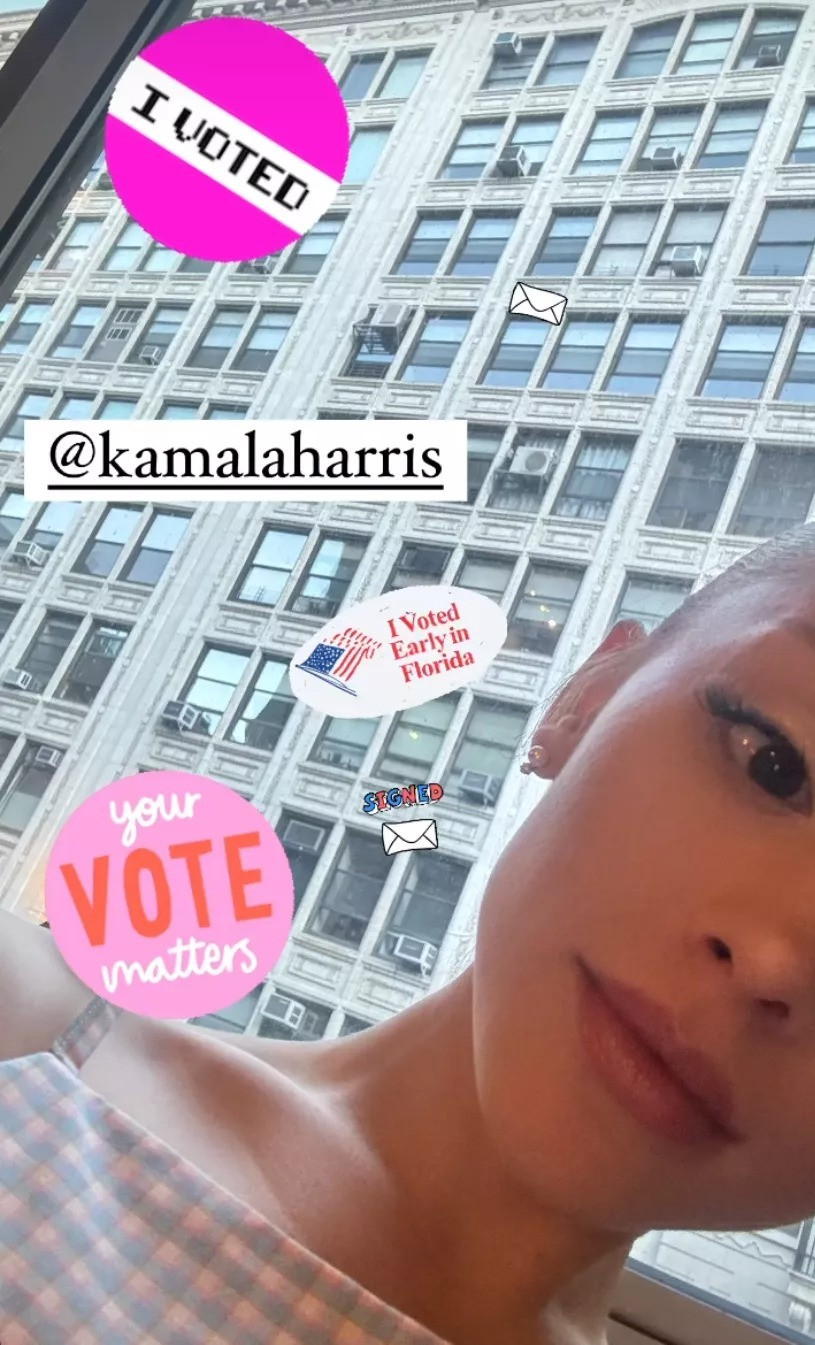 Ariana Grande tiết lộ đã bỏ phiếu, còn gắn thẻ tài khoản Instagram của bà Harris. Hailey Bieber dán nhãn xác nhận đi bầu cử trên chân con trai mới sinh, bé Jack Blues.