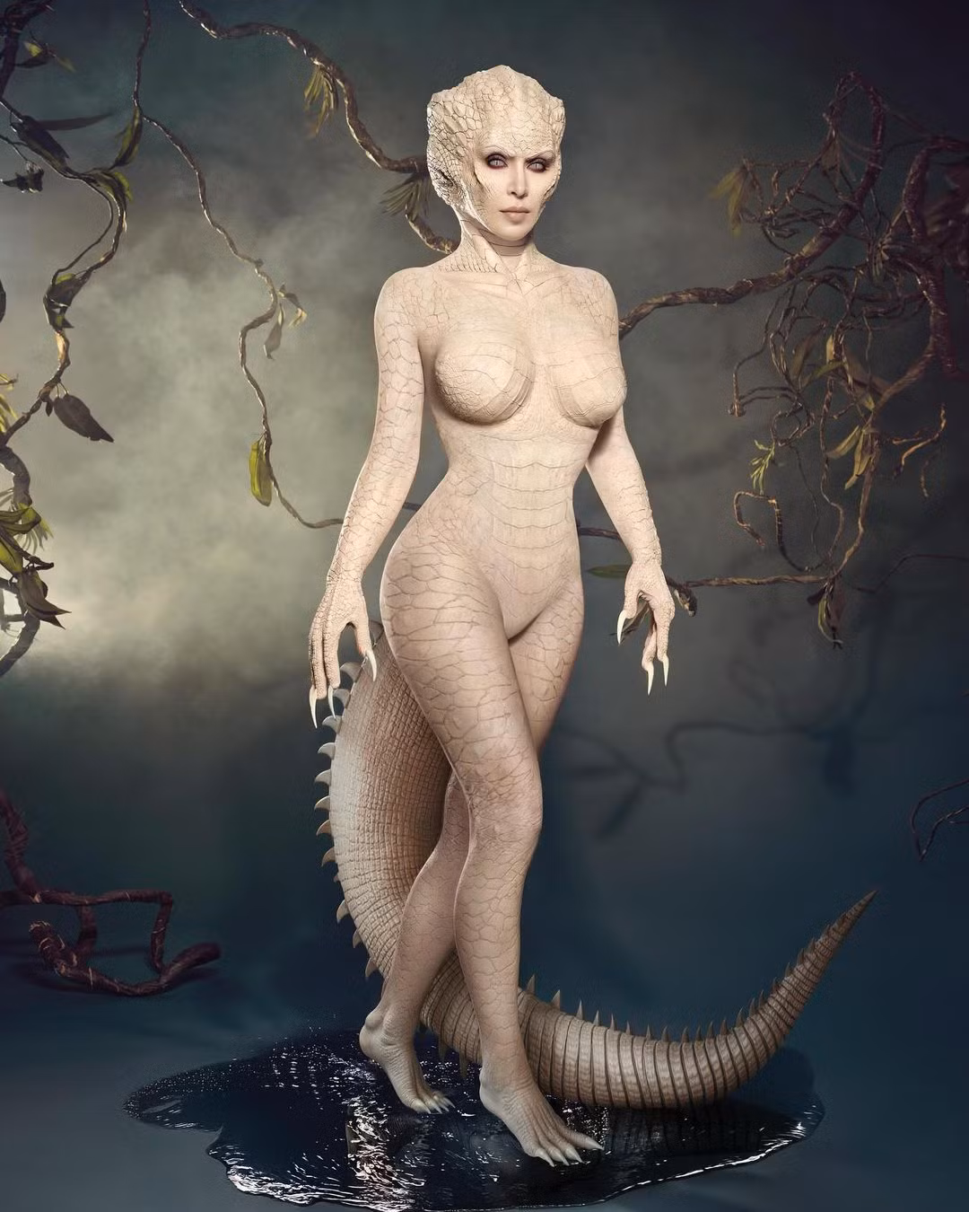 Gây sốc và kỳ công nhất dịp Halloween năm nay thuộc về Kim Kardashian khi biến mình thành con cá sấu bạch tạng. Dù chọn nhân vật kỳ dị, siêu vòng ba nước Mỹ không quên khoe thân hình "đồng hồ cát" trứ danh.