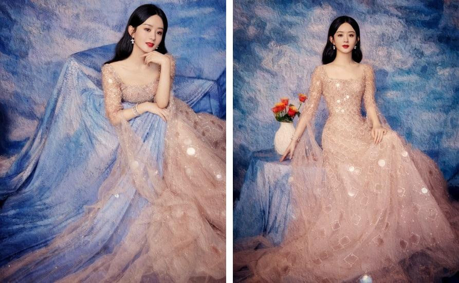 Triệu Lệ Dĩnh khoác lên mình bộ cánh màu pastel lấp lánh đẹp như được vẽ ra.