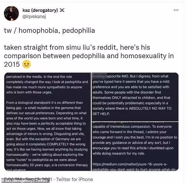 Người dùng Twitter tố Lưu Tư Mộ so sánh giữa nạn ấu dâm và đồng tính luyến ái vào năm 2015.