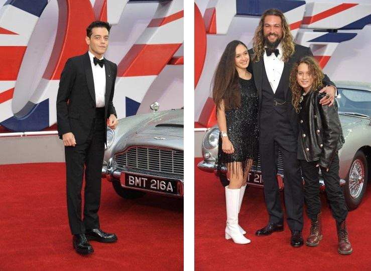 Ảnh trái: Tài tử Rami Malek thủ vai phản diện trong "No Time To Die", Safin. Ảnh phải: "Aquaman" Jason Momoa dẫn hai con đến chung vui với ê kíp bom tấn đình đám.