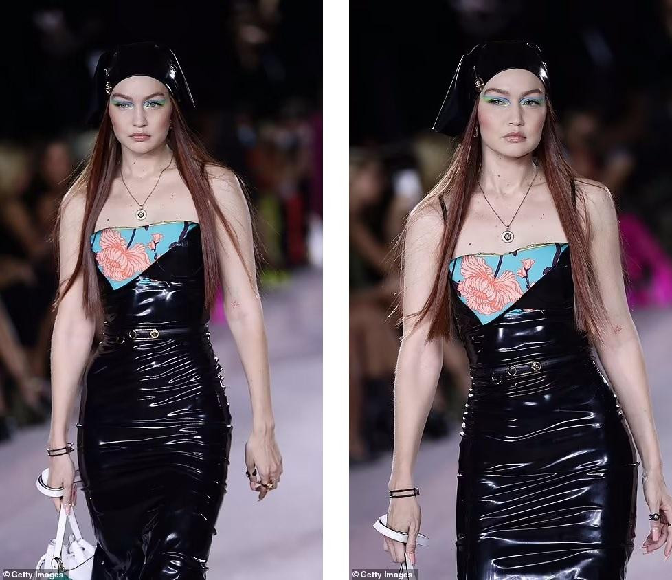 "Chân dài" khác gây chú ý trên sàn diễn của Versace là "chị chồng" của Dua Lipa - Gigi Hadid (Dua hẹn hò với em trai của Gigi là Anwar). Cô mặc váy hai dây da ôm sát cơ thể, đội thêm khăn da "ton-sur-ton".