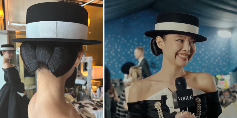 Kiểu tóc búi cùng mũ boater giúp Jennie hoàn thiện vẻ ngoài đậm chất Chanel. Kiểu tóc búi cùng mũ boater giúp Jennie hoàn thiện vẻ ngoài đậm chất Chanel.