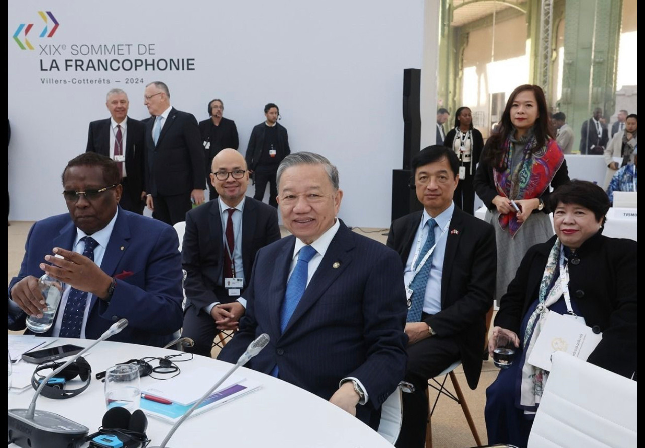 Tổng Bí thư, Chủ tịch nước Tô Lâm dự Phiên toàn thể về chủ đề “Sáng tạo, đổi mới và khởi nghiệp” trong khuôn khổ Hội nghị cấp cao Pháp ngữ lần thứ 19, sáng 5/10/2024 (giờ địa phương). (Ảnh: Trí Dũng/TTXVN)