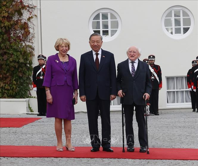 Tổng thống Ireland Michael D. Higgins và Phu nhân đón Tổng Bí thư, Chủ tịch nước Tô Lâm. (Ảnh: Trí Dũng/TTXVN)