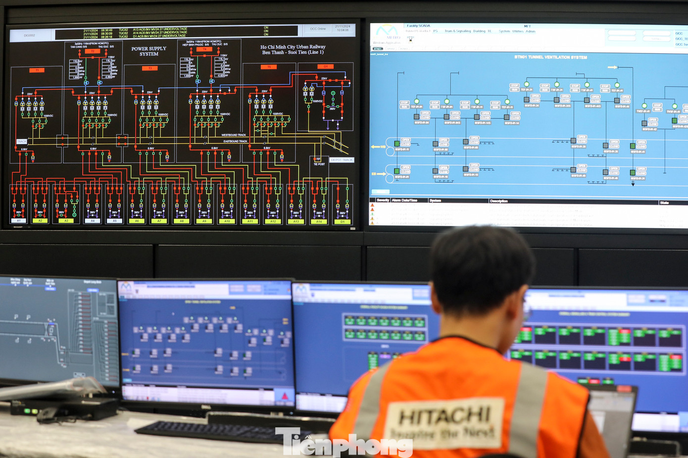 Trong phòng có 5 dãy máy tính cùng các màn hình lớn để cập nhật và theo dõi thông tin điều hành. Mỗi dãy máy có từ 1 đến 2 nhân sự phụ trách các bộ phận như: điều độ thương mại – hành khách, giao thông (chịu trách nhiệm toàn tuyến), điều độ depot (chịu trách nhiệm đưa tàu bảo dưỡng, vệ sinh, hỗ trợ giao thông khi xảy ra sự cố), thiết bị (giám sát tất cả thiết bị trên hệ thống).