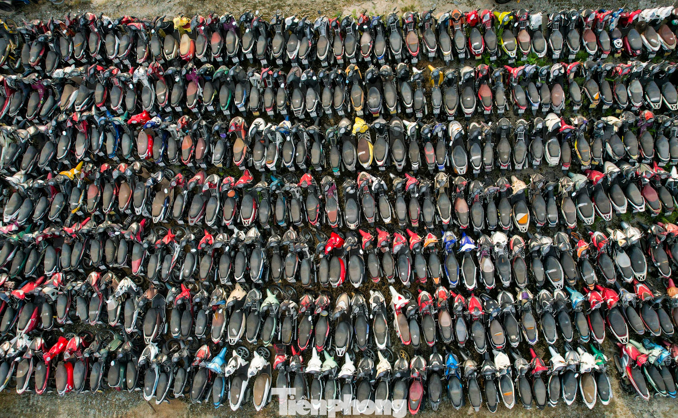 Những chiếc xe máy được xếp san sát nhau. Đây là những phương tiện bị tạm giữ do vi phạm Luật Giao thông đường bộ nhưng lâu ngày không được chủ xe đến làm thủ tục nộp phạt để nhận lại phương tiện.