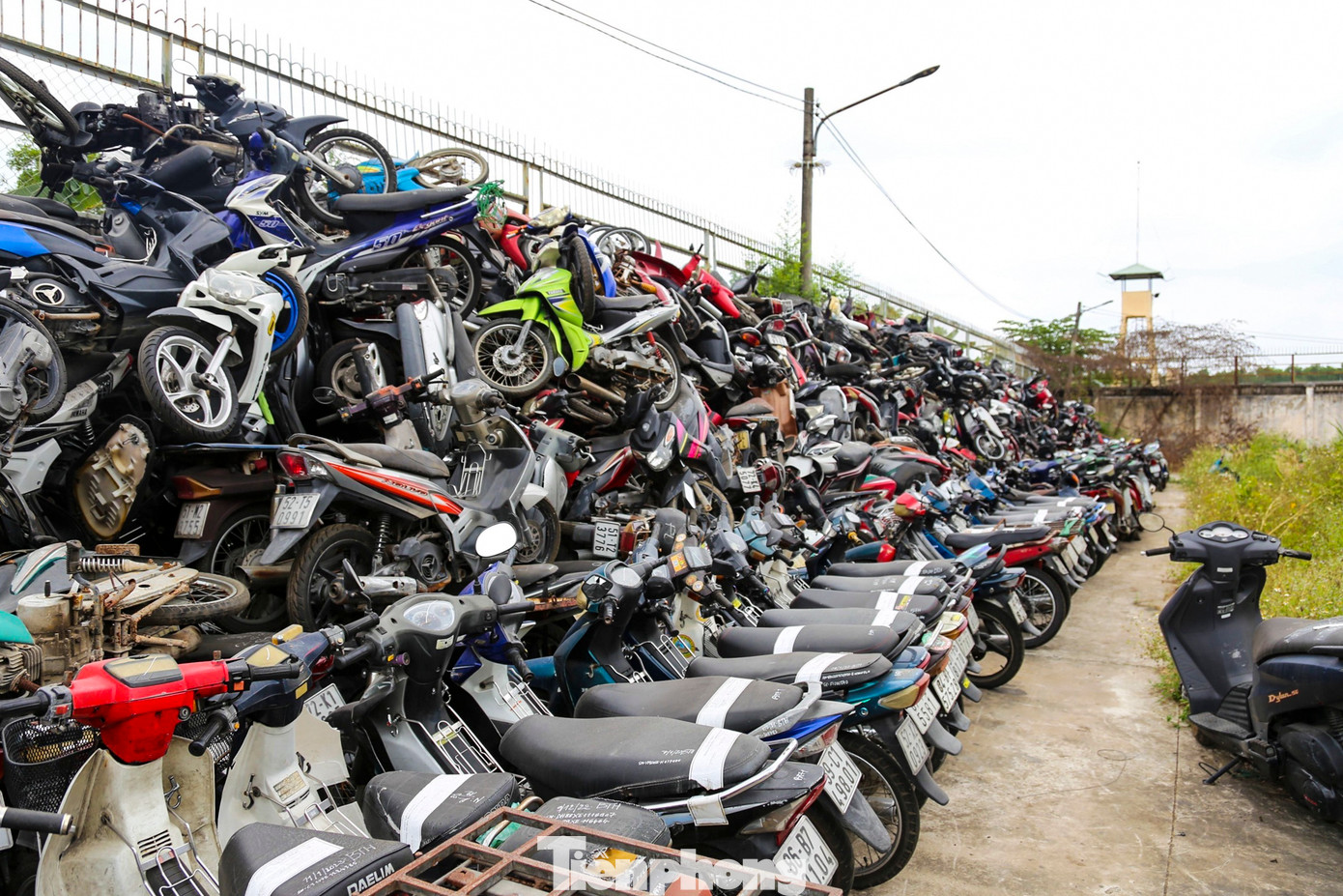 Khu vực bên ngoài kho, hàng chục nghìn phương tiện được xếp thành nhiều hàng chật kín. Xe chất thành đống cao 5 - 6m xung quanh các bức tường.