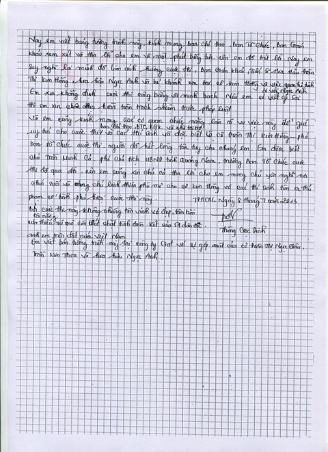 Tường trình của thí sinh Thòng Cooc Dinh