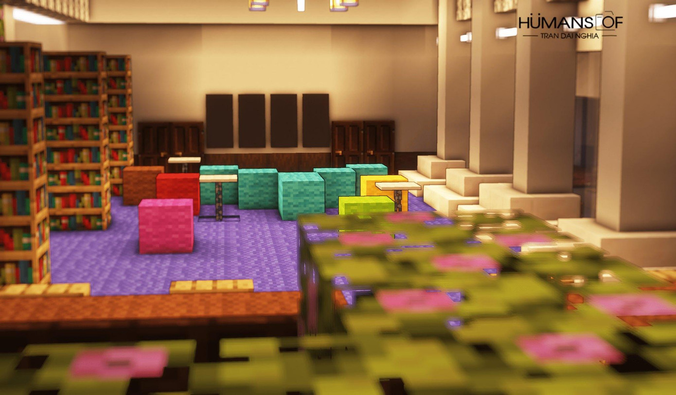 Một góc thư viện trường THPT chuyên Trần Đại Nghĩa phiên bản Minecraft - Ảnh: Humans of TĐN Một góc thư viện trường THPT chuyên Trần Đại Nghĩa phiên bản Minecraft - Ảnh: Humans of TĐN