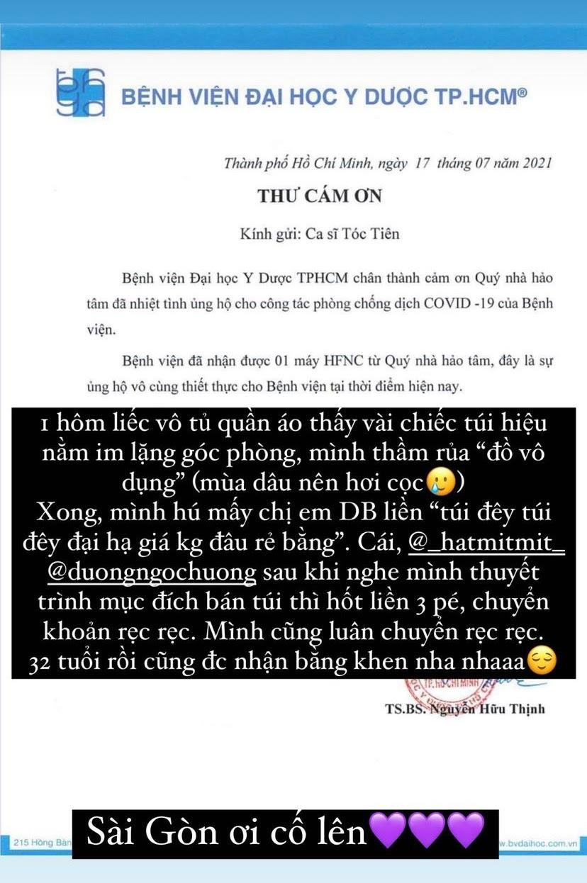 Ca sĩ sinh năm 1989 chia sẻ trên trang cá nhân về những đóng góp của mình nhằm kêu gọi mọi người hành động để chống dịch.