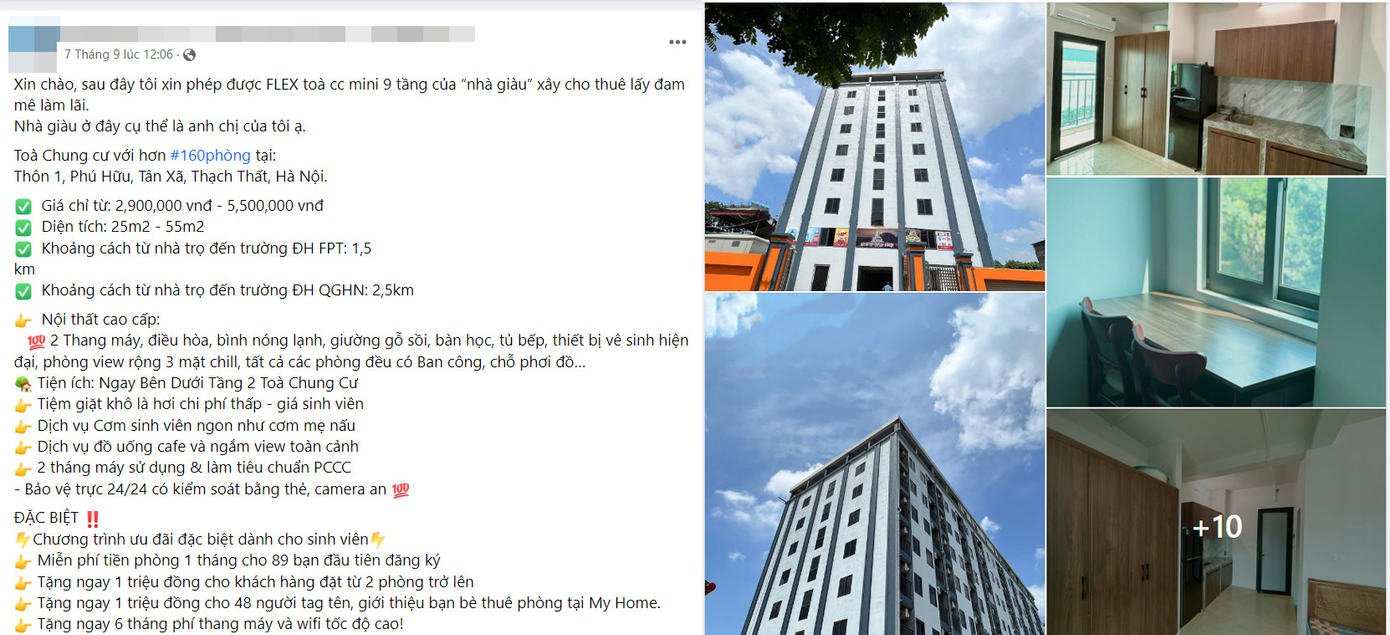 Thời gian gần đây, mạng xã hội liên tục xuất hiện bài đăng giới thiệu, cho thuê căn hộ tòa chung cư mini 9 tầng của "nhà giàu" tại tòa nhà “Chung cư cao cấp My House”.