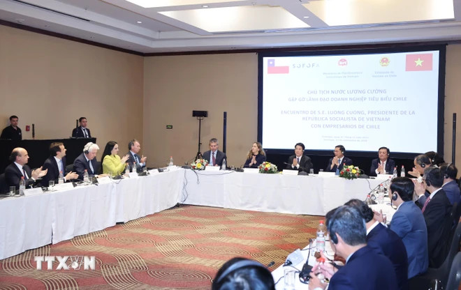 Chủ tịch nước Lương Cường gặp gỡ các lãnh đạo doanh nghiệp tiêu biểu Chile. (Ảnh: Lâm Khánh/TTXVN)