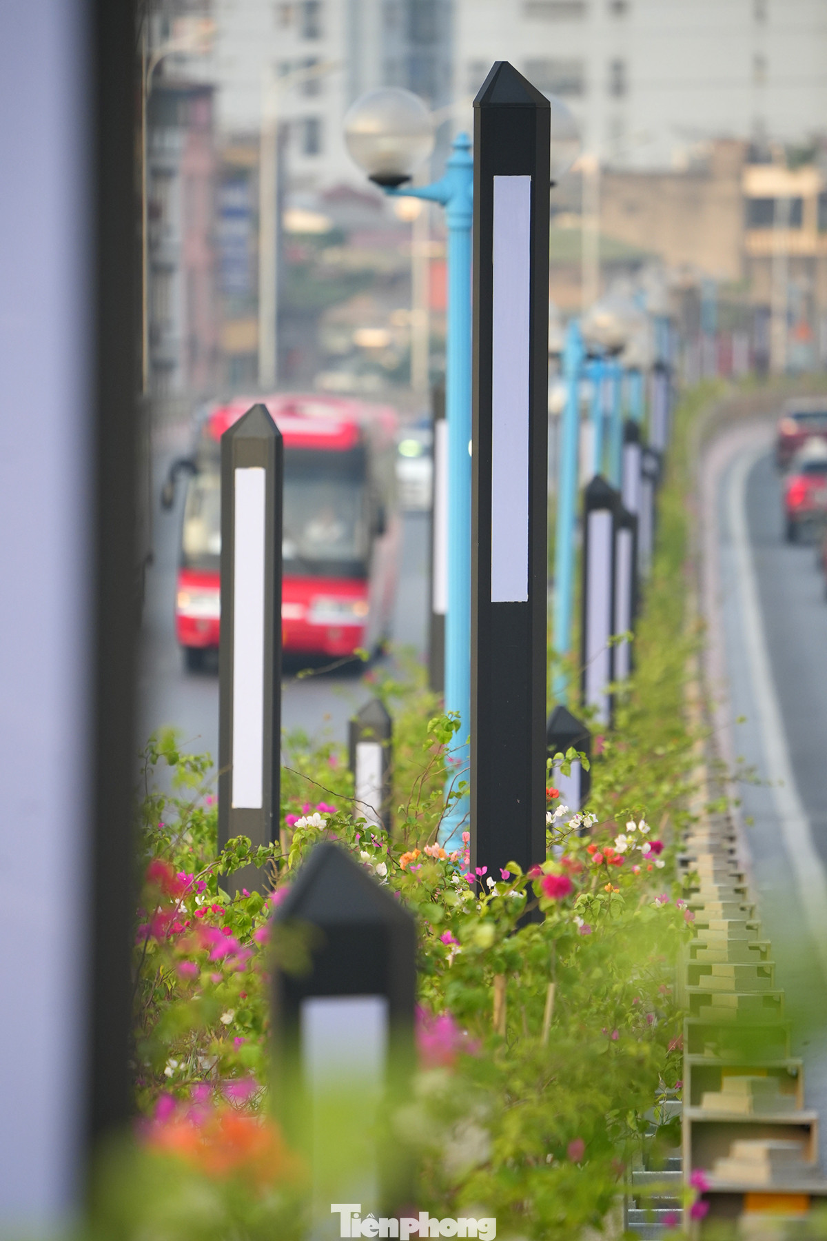 Đèn led hình tháp cao nhất 3,5m và thấp nhất 1,4m. Mỗi đèn cách nhau khoảng 6m, được bố trí so le nhau.