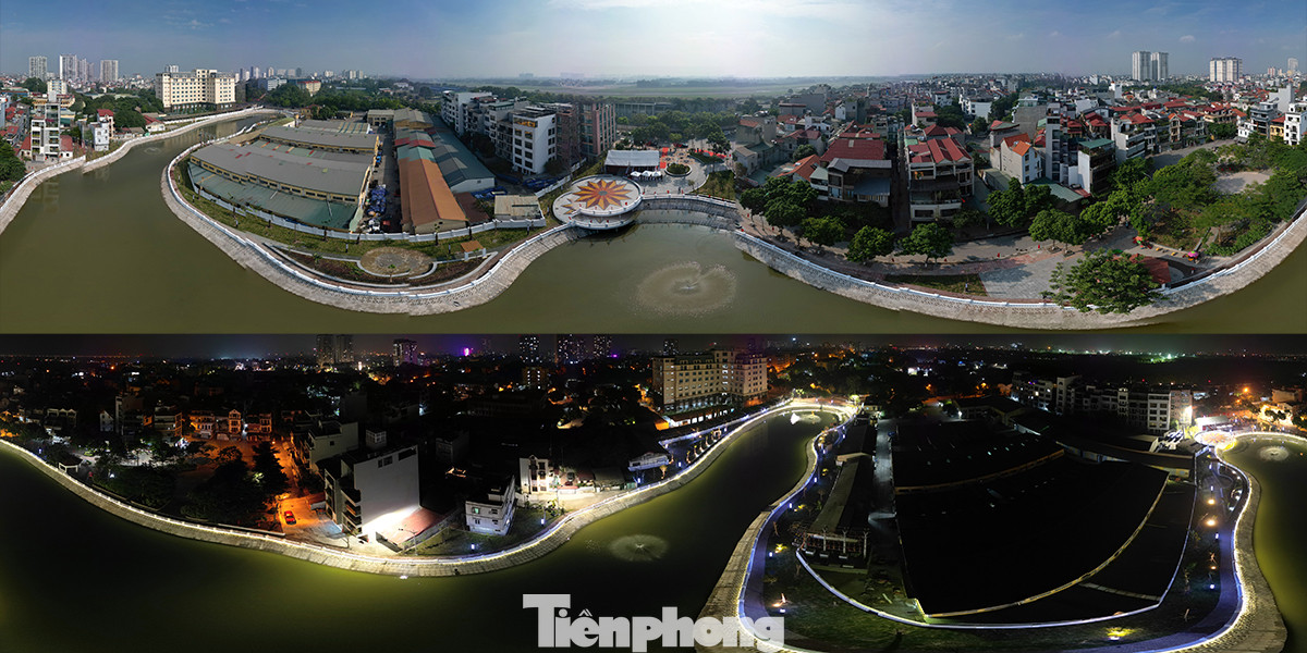 Hình ảnh trên cao của công viên Lâm Hạ nhìn từ trên cao giữa ngày và đêm.