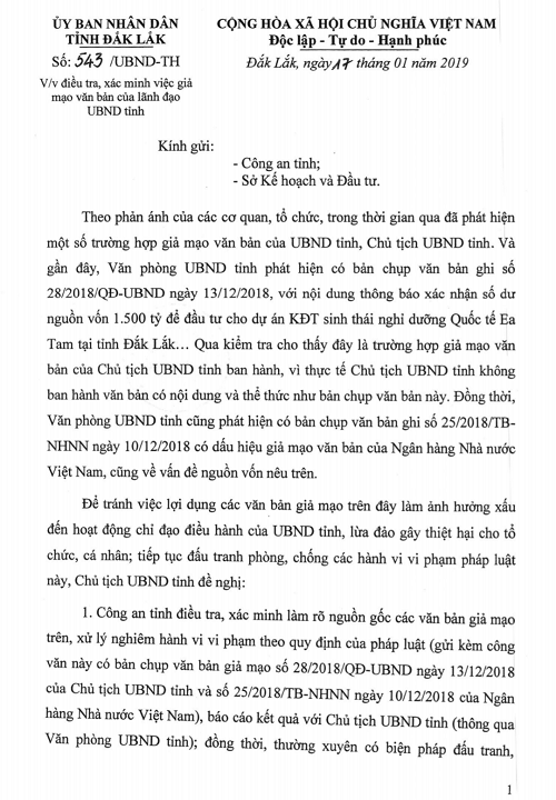 Giả mạo văn bản UBND tỉnh và ngân hàng thực hiện dự án 1.500 tỷ ảnh 1