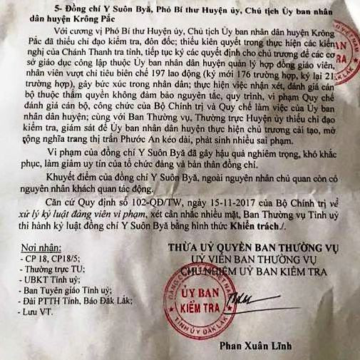 Quyết định hi hành kỷ luật đối với Bí thư và Chủ tịch UBND huyện Krông Pắk