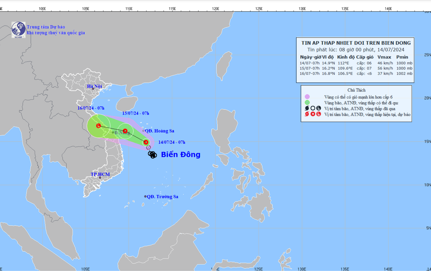 Dự báo hướng di chuyển của áp thấp nhiệt đới. Nguồn: Đài Khí tượng Thủy văn khu vực Nam bộ Dự báo hướng di chuyển của áp thấp nhiệt đới. Nguồn: Đài Khí tượng Thủy văn khu vực Nam bộ