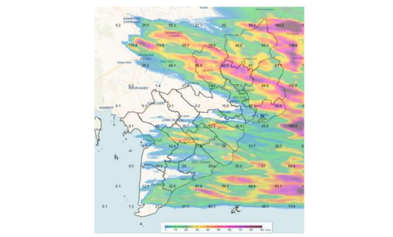 Bản đồ dự báo mưa từ 1 giờ ngày 14/7 đến 1 giờ ngày 15/7 ở khu vực Nam bộ. Nguồn: Đài Khí tượng Thủy văn khu vực Nam bộ Bản đồ dự báo mưa từ 1 giờ ngày 14/7 đến 1 giờ ngày 15/7 ở khu vực Nam bộ. Nguồn: Đài Khí tượng Thủy văn khu vực Nam bộ