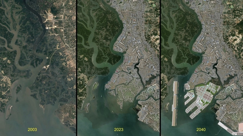 Ảnh vệ tinh khu vực dự kiến đặt Cảng trung chuyển quốc tế Cần Giờ và phối cảnh tương lai (Ảnh: Portcoast). Ảnh vệ tinh khu vực dự kiến đặt Cảng trung chuyển quốc tế Cần Giờ và phối cảnh tương lai (Ảnh: Portcoast).