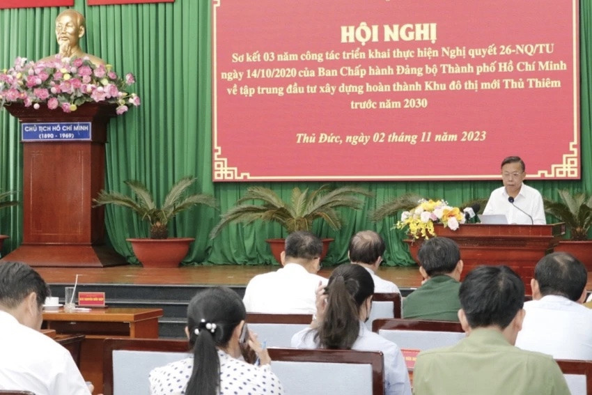 Thành ủy TP Thủ Đức tổ chức sơ kết ba năm thực hiện nghị quyết về tập trung đầu tư xây dựng hoàn thành Khu đô thị mới Thủ Thiêm trước năm 2030. Ảnh: THANH THÙY Thành ủy TP Thủ Đức tổ chức sơ kết ba năm thực hiện nghị quyết về tập trung đầu tư xây dựng hoàn thành Khu đô thị mới Thủ Thiêm trước năm 2030. Ảnh: THANH THÙY