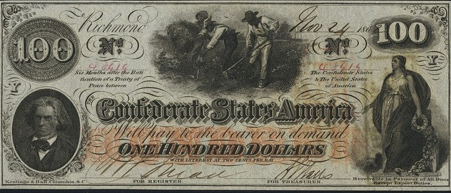 Liên bang đã ban hành loại tiền tệ riêng của mình trong cuộc nội chiến, chẳng hạn như tờ 100 USD năm 1862 này. Kể từ khi tiền tệ là đồng tiền pháp định sử dụng trong cuộc chiến, không được hỗ trợ bằng bạc hoặc vàng, nó đã trở nên vô giá trị sau khi miền Nam thua cuộc