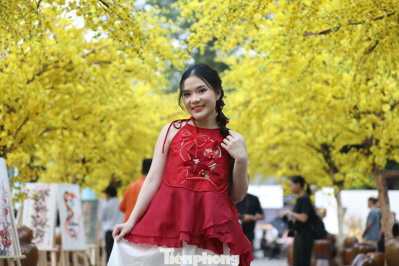 Du khách hào hứng chụp ảnh tại đường mai