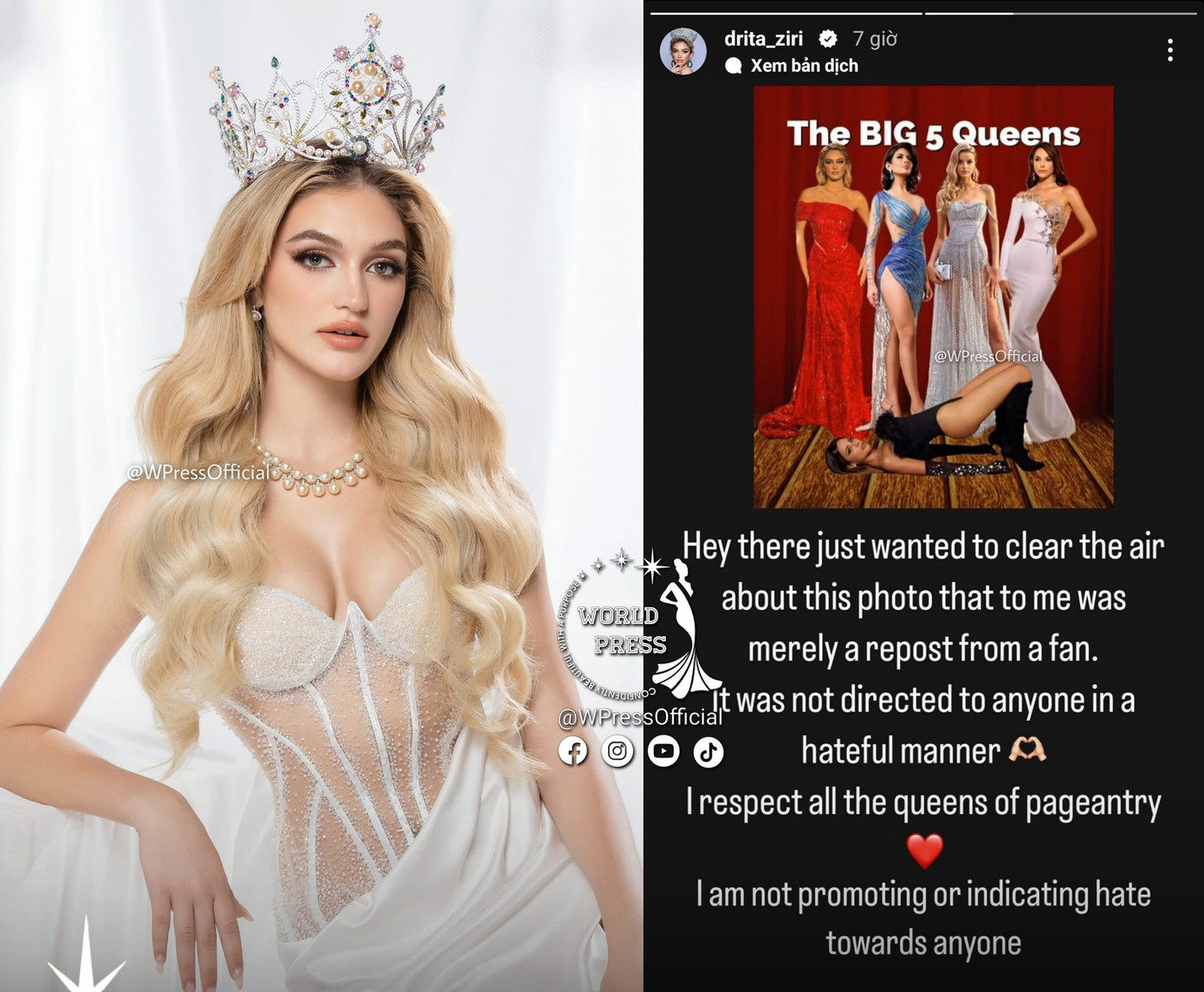 Sự việc đương kim Hoa hậu Trái Đất Drita Ziri chia sẻ lại bức ảnh mỉa mai đương kim Hoa hậu Hòa bình Quốc tế Lucia Fuster đang gây tranh cãi trên các diễn đàn sắc đẹp. Sự việc đương kim Hoa hậu Trái Đất Drita Ziri chia sẻ lại bức ảnh mỉa mai đương kim Hoa hậu Hòa bình Quốc tế Lucia Fuster đang gây tranh cãi trên các diễn đàn sắc đẹp.