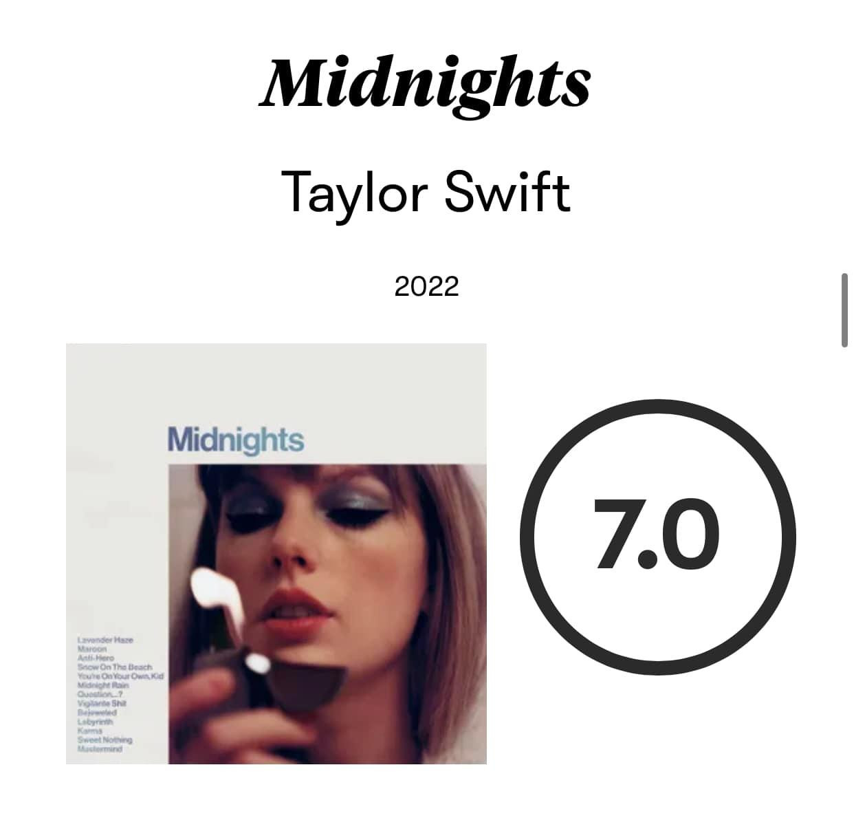 Album Midnights của Taylor Swift được Pitchfork chấm 7 điểm.