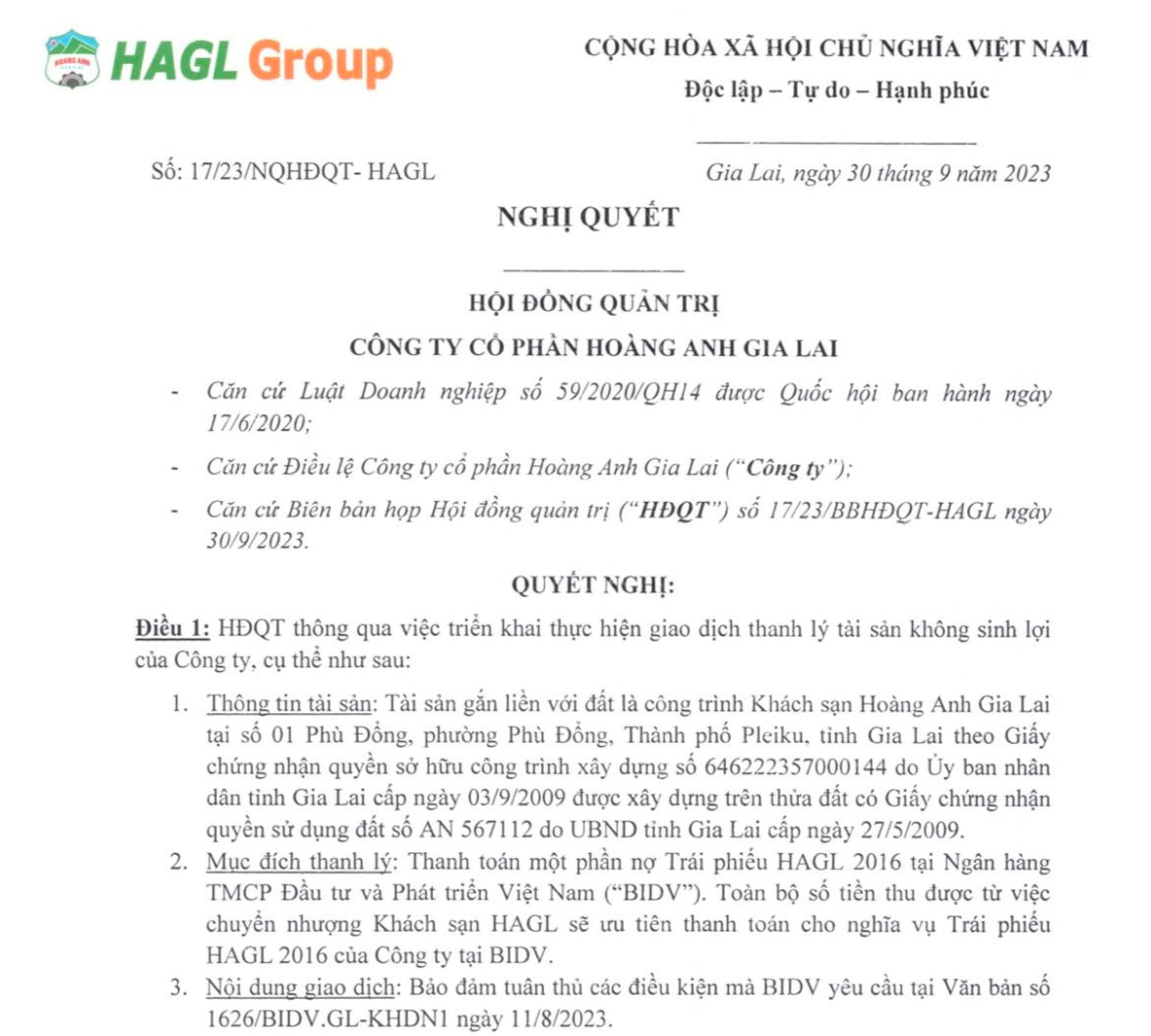 Nghị quyết của HAG về bán khách sạn để trả nợ trái phiếu cho BIDV.