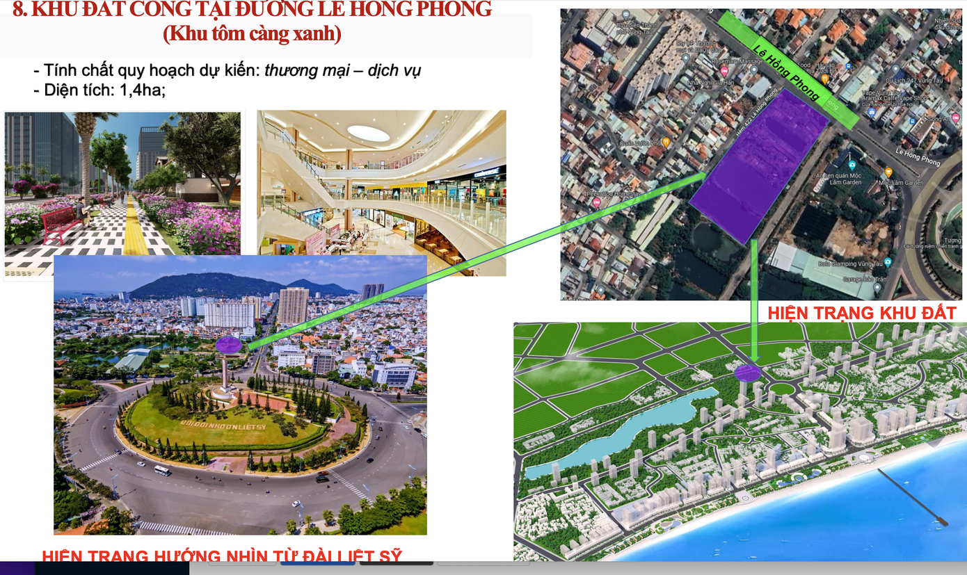 Khu đất công tại đường Lê Hồng Phong (khu tôm càng xanh) có diện tích 1,4 ha, tính chất quy hoạch là đất thương mại dịch vụ. Khu đất công tại đường Lê Hồng Phong (khu tôm càng xanh) có diện tích 1,4 ha, tính chất quy hoạch là đất thương mại dịch vụ.