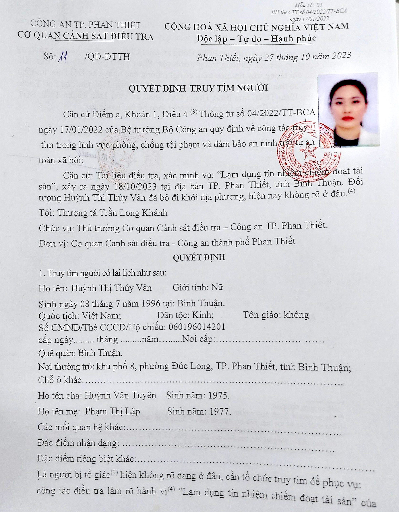 Thông báo truy tìm chủ hụi của Cơ quan CSĐT Công an TP. Phan Thiết, tỉnh Bình Thuận. Thông báo truy tìm chủ hụi của Cơ quan CSĐT Công an TP. Phan Thiết, tỉnh Bình Thuận.