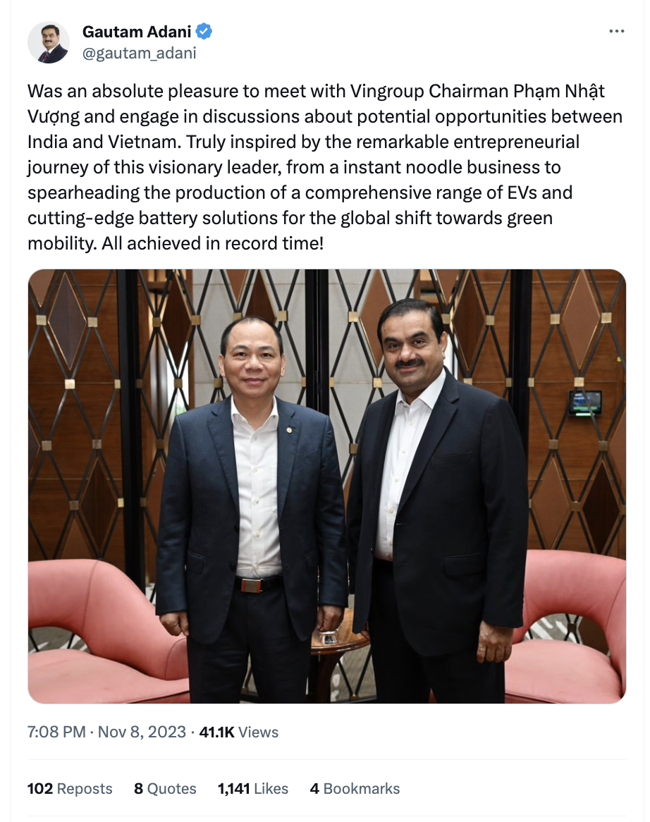 Bài viết của ông Gautam Adani trên mạng xã hội X. Bài viết của ông Gautam Adani trên mạng xã hội X.