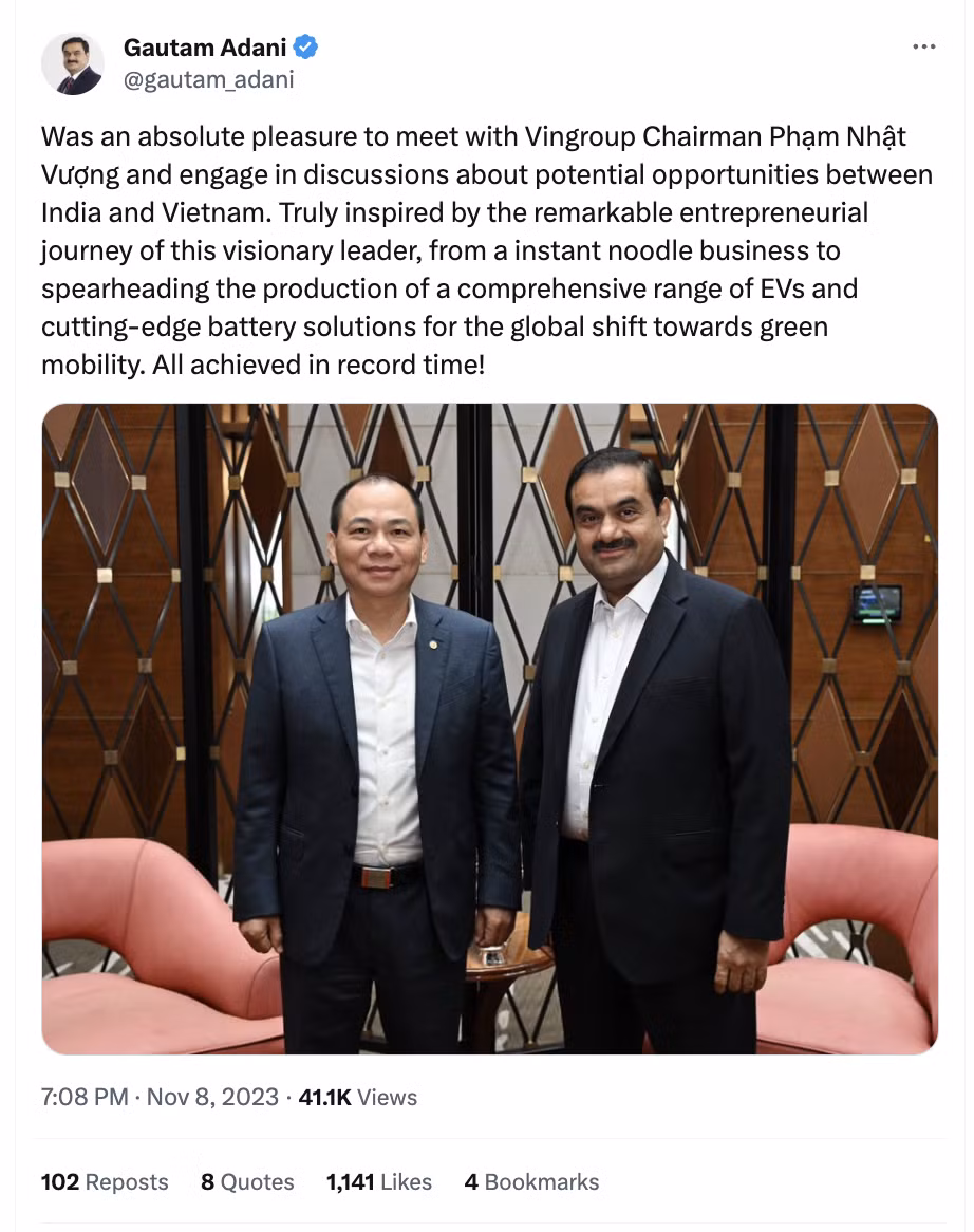 Bài viết của ông Gautam Adani trên mạng xã hội X. Bài viết của ông Gautam Adani trên mạng xã hội X.