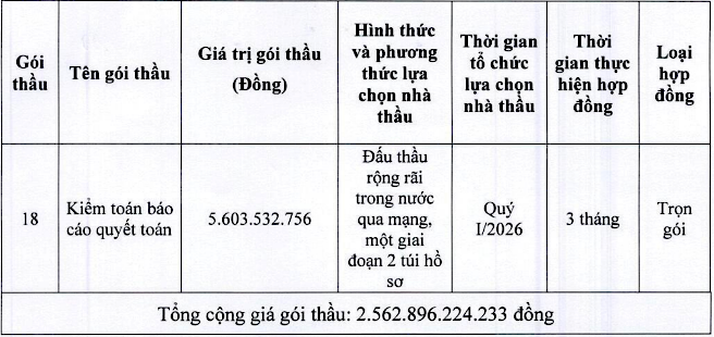Thông tin về các gói thầu.