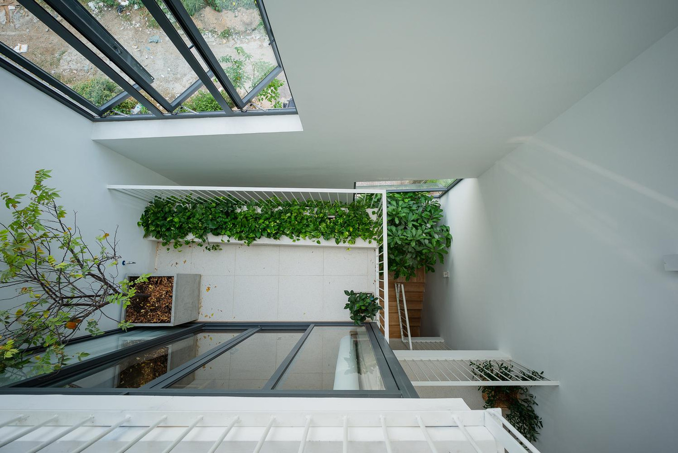 Khoảng sân và ban công được đưa vào bên trong lớp vỏ của ngôi nhà, nơi hai con có thể vui chơi, khám phá và quan sát các yếu tố tự nhiên (cây cối, bầu trời, gió, mưa) và các hoạt động từ con hẻm nhưng được bảo vệ gián tiếp khỏi lớp vỏ đó.