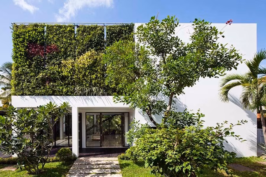 Thiết kế mới của biệt thự được tối giản, một hình khối màu trắng với hai bức tường là thực vật thẳng đứng ở mặt trước và mặt sau. Thiết kế này mang lại sự riêng tư cho các phòng ngủ và có các khoảng mở lớn để thông gió tự nhiên nhưng không bị khuất tầm nhìn.