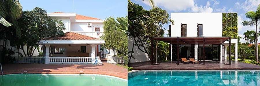 Biệt thự hiện đại 2 tầng mái bằng này được cải tạo từ một căn biệt thự ở phía Đông ngoại ô TP.HCM. Mục tiêu là biến công trình hiện tại thành biệt thự có không gian mở nhưng vẫn giữ được toàn bộ kết cấu bê tông cũ. Ảnh: biệt thự trước và sau khi cải tạo.