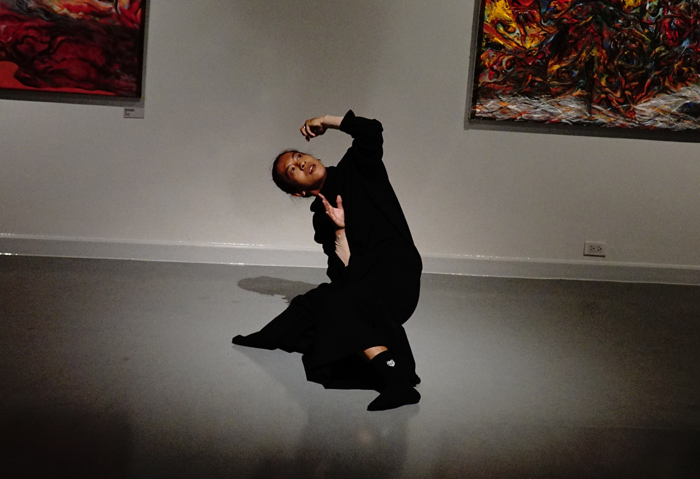 Một nghệ sĩ trình diễn nghệ thuật tương tác cùng các bức tranh. Một nghệ sĩ trình diễn nghệ thuật tương tác cùng các bức tranh.