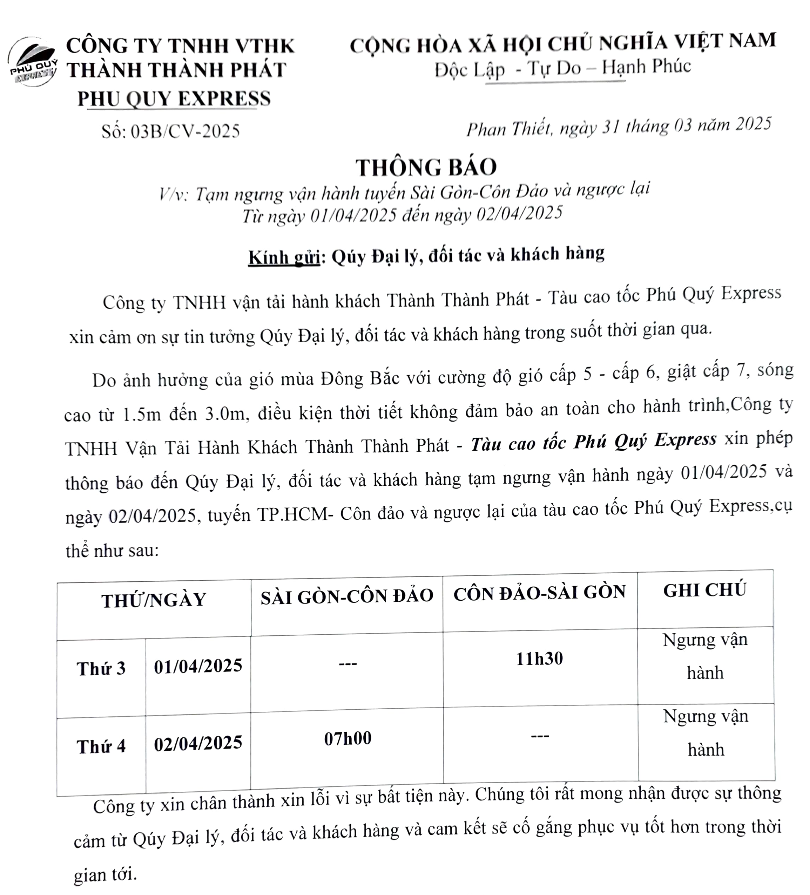 Thông báo của Công ty vận tải hành khách Thành Thành Phát Thông báo của Công ty vận tải hành khách Thành Thành Phát