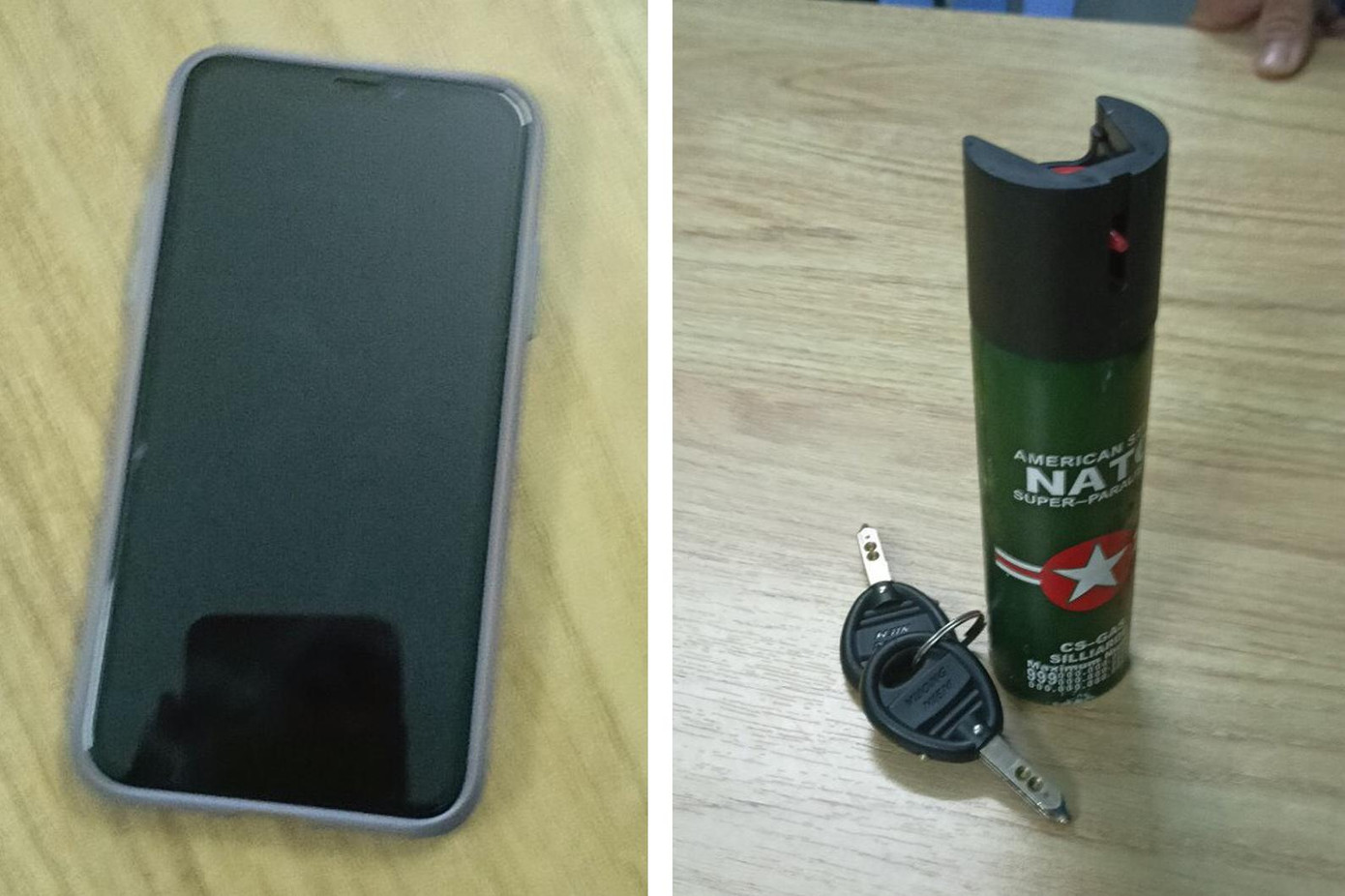 Tang vật và bình xịt hơi cay dùng để chống trả khi bị người dân truy đuổi.