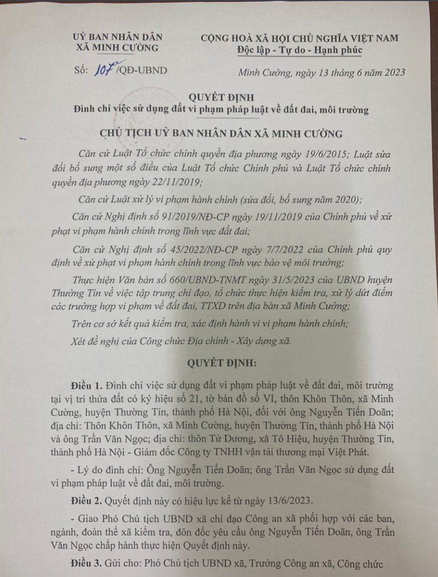 Quyết định đình chỉ của UBND xã Minh Cường.