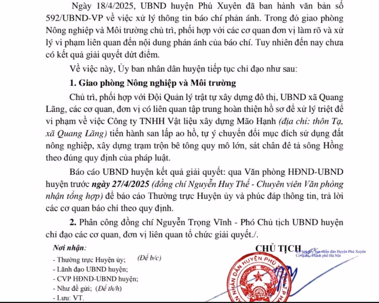 Văn bản chỉ đạo của Chủ tịch UBND huyện Phú Xuyên.