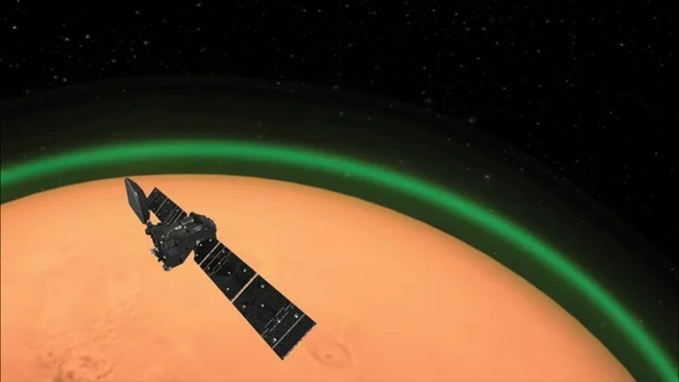 Minh họa về Tàu quỹ đạo khí ExoMars Trace của ESA phát hiện ánh sáng xanh của oxy trong bầu khí quyển sao Hỏa. (Ảnh: ESA)