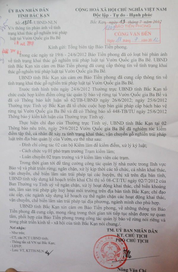 Công văn của tỉnh Bắc Kạn gửi Báo Tiền Phong