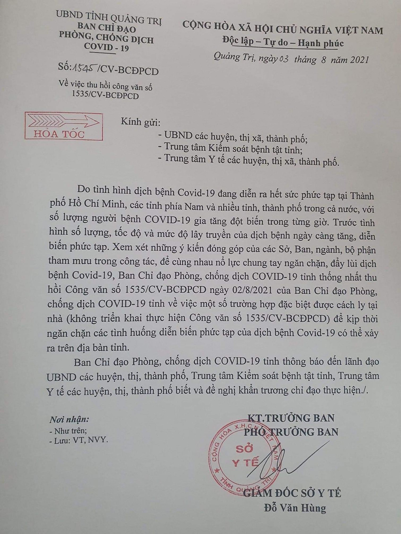 Tỉnh Quảng Trị hỏa tốc thu hồi công văn số 1535. Tỉnh Quảng Trị hỏa tốc thu hồi công văn số 1535.