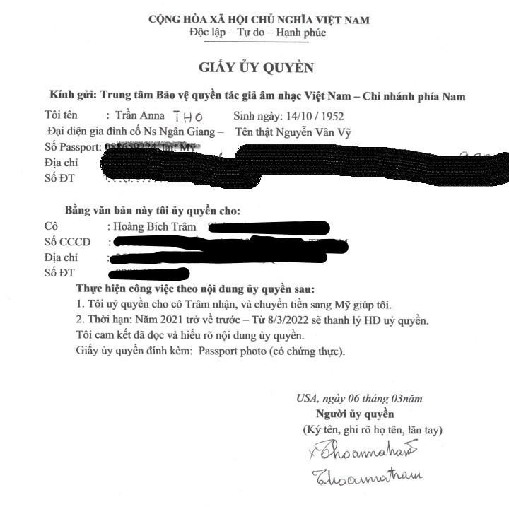 Giấy ủy quyền giữa gia đình nhạc sĩ Ngân Giang với một nhân viên của VCPMC Giấy ủy quyền giữa gia đình nhạc sĩ Ngân Giang với một nhân viên của VCPMC