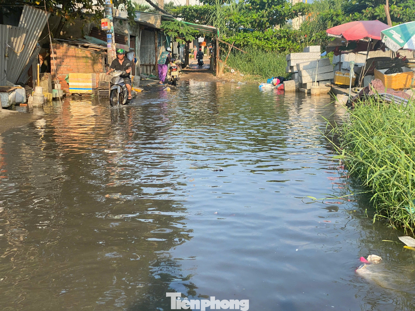 Nước ngập sâu ở đoạn đường Phú Định (đoạn gần phà Phú Định, quận 8).