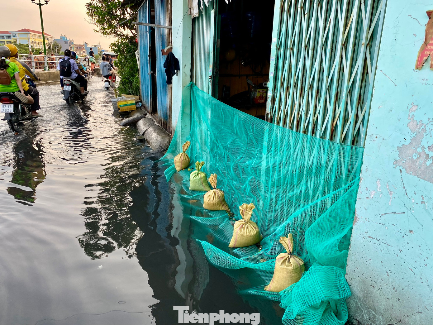 Một gia đình phải giăng lưới để ngăn rác theo dòng nước tràn vào nhà.